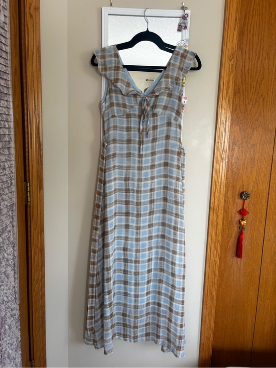 Dresses & Skirts - Plaid Sleeveless Maxi Dress in Light Blue and Brown